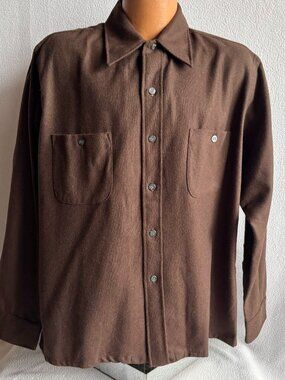1950s 1960s Brown Wool Blend Long Sleeve Rockabilly Shirt